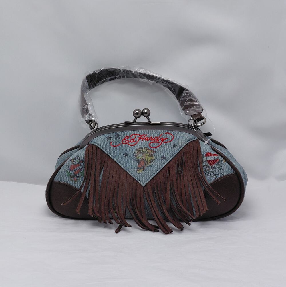 Ed Hardy Womens Kisslock Frame Handbag Blue Brown Fringe Tattoo Western Boho Y2K
